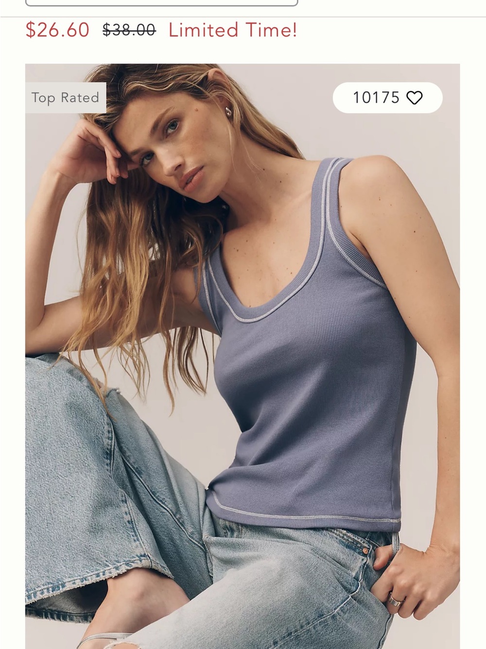 Pilcro Sky Blue Ribbed Scoop Tank ptp 14-19 length 21